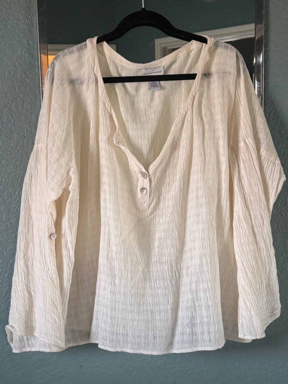 Soft Surroundings Linen Weekender Gauzy Cream Shell Button-Henley Tunic Size XL - Picture 1 of 6